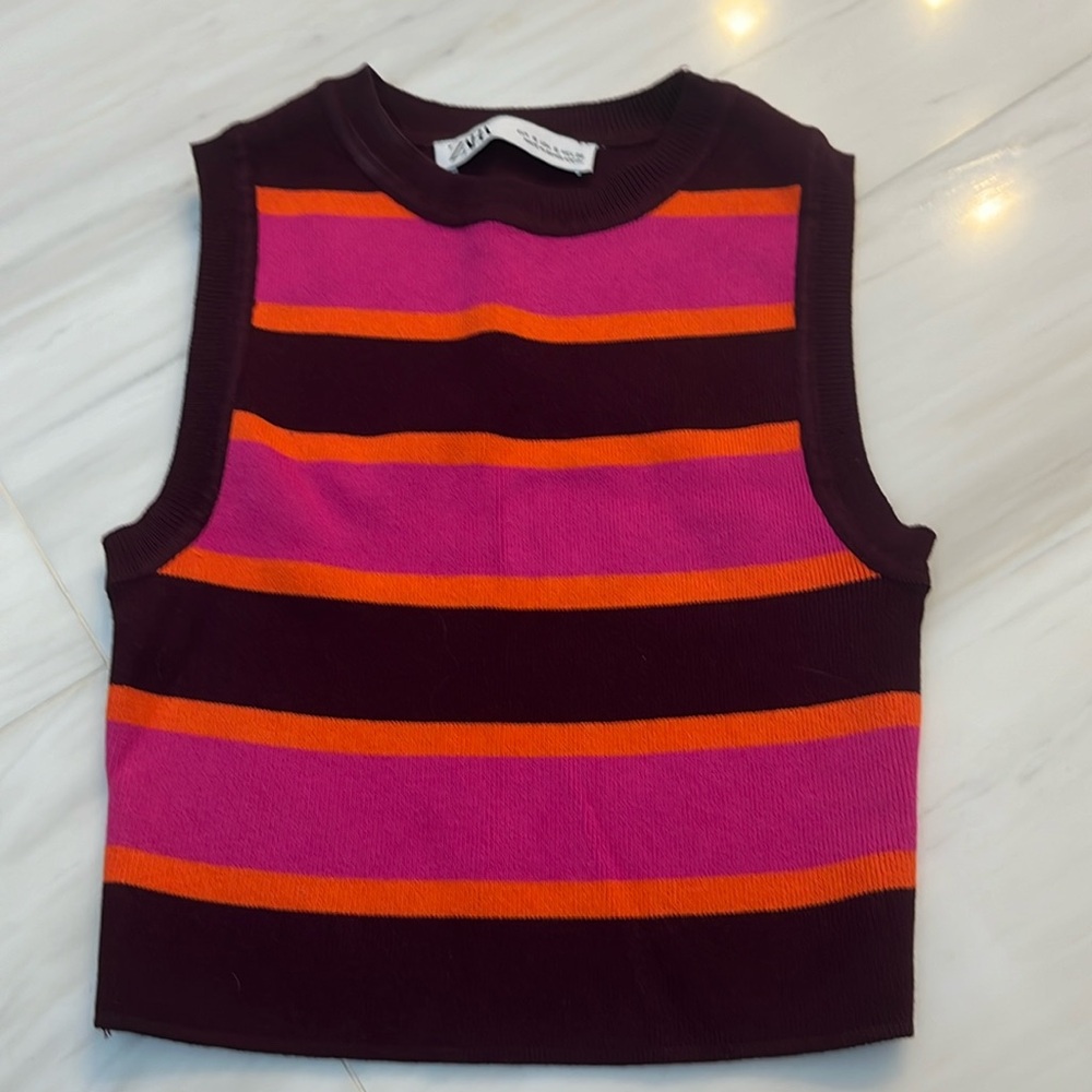 Zara Burgundy Striped Sleeveless Sweater Tan Top